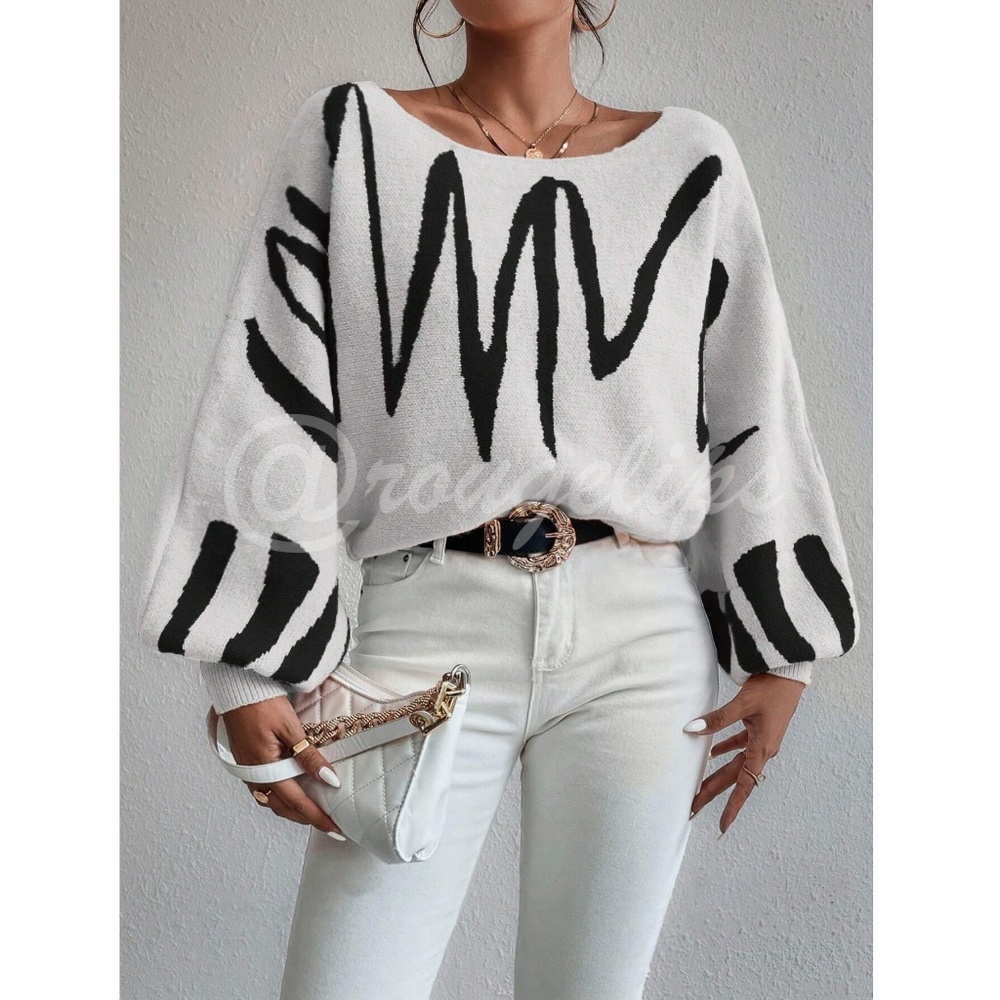 Knit Graphic Pullover Sweater Bishop Sleeve Stretchy Boat Neck - Picture 6 of 8